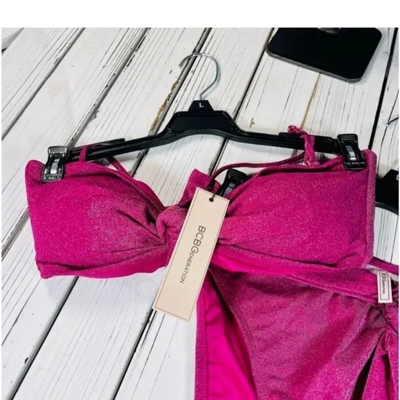 BCBGENERATION Magenta Berry Stardust Metallic Bandeau Bikini Top & B NWT 142.00